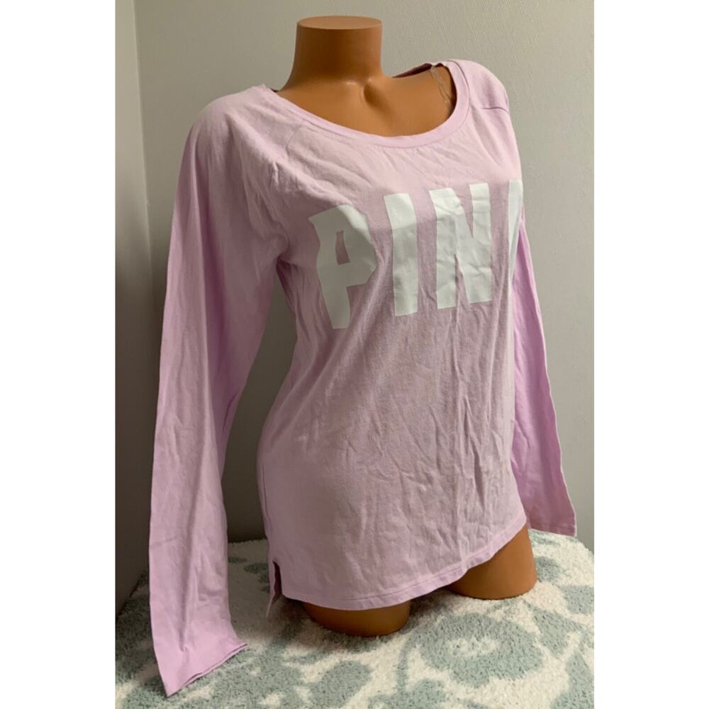 Victoria's Secret Pink Raglan Long Sleeve Lilac White Logo T-shirt sz Small